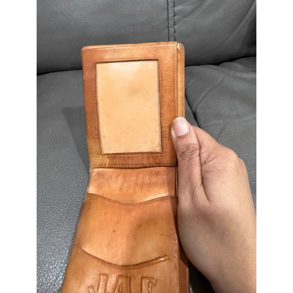 Vintage Cardat Hand Tooled Genuine Calf Leather Bifold Wallet Floral Tan JAE